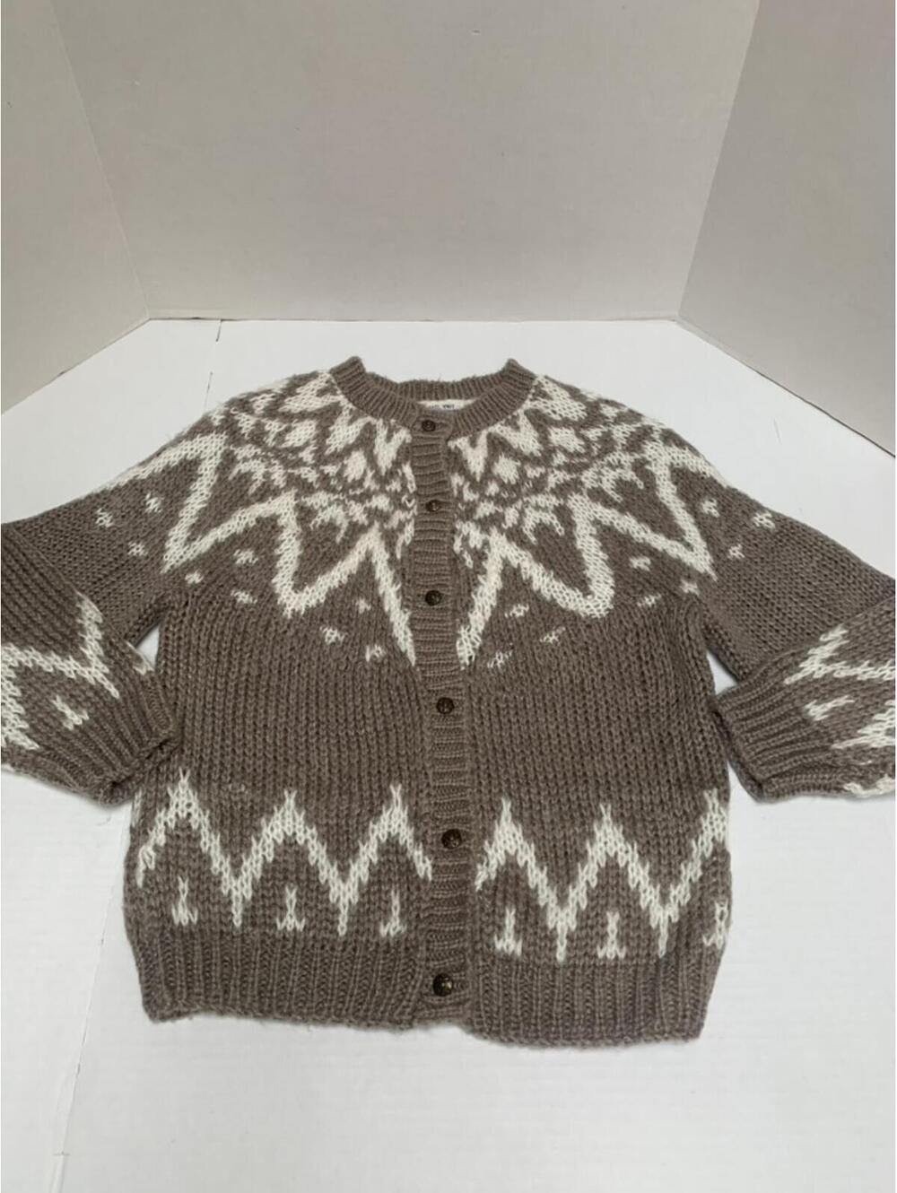 Vintage Knit Mania Hand Knit Taupe Cream Fair Isle Heavy Cardigan Sweater Small - Picture 2 of 8